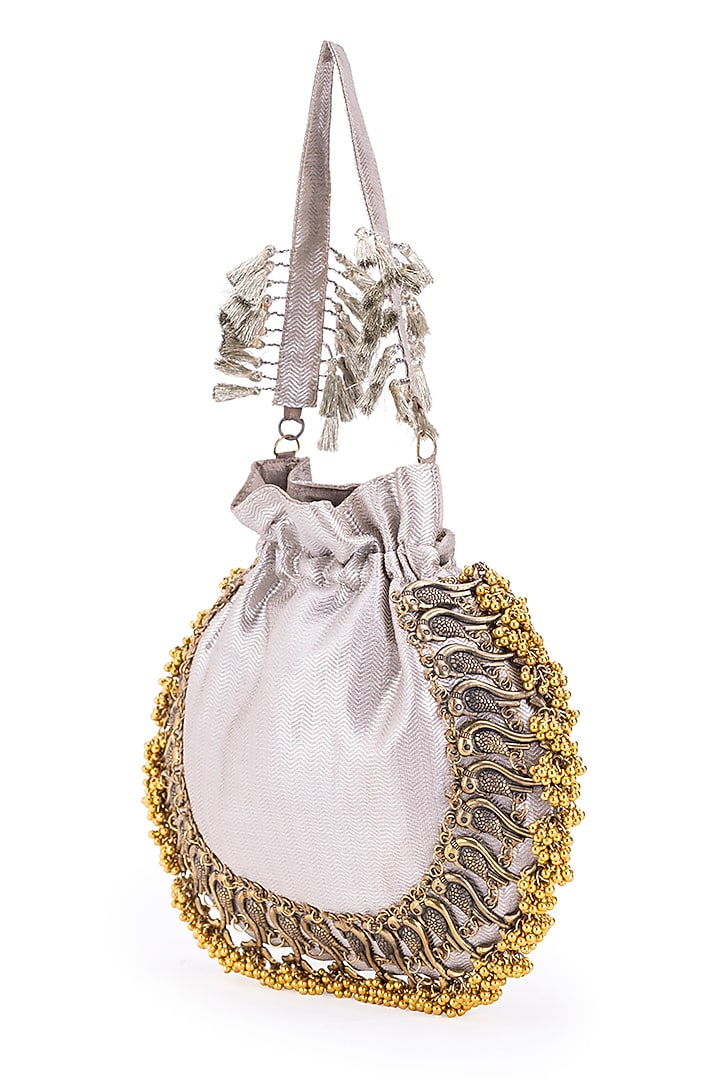 Silver Silk Metallic Moor Embellished Potli by 5 Elements at Pernia's Pop Up Shop
