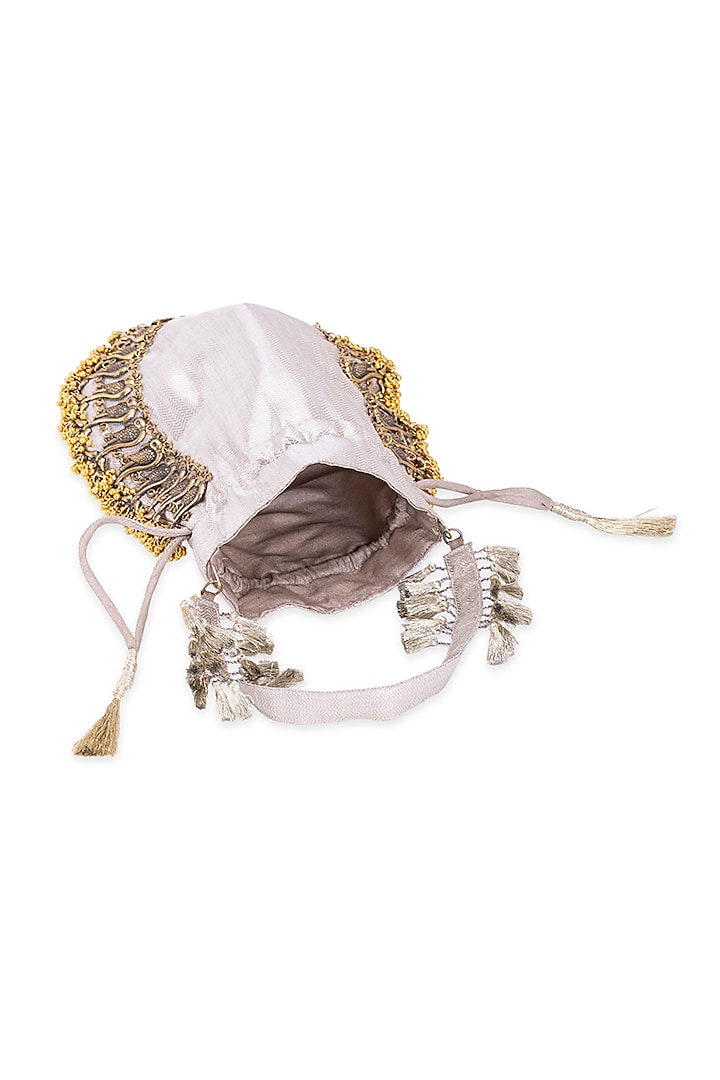 Silver Silk Metallic Moor Embellished Potli by 5 Elements at Pernia's Pop Up Shop