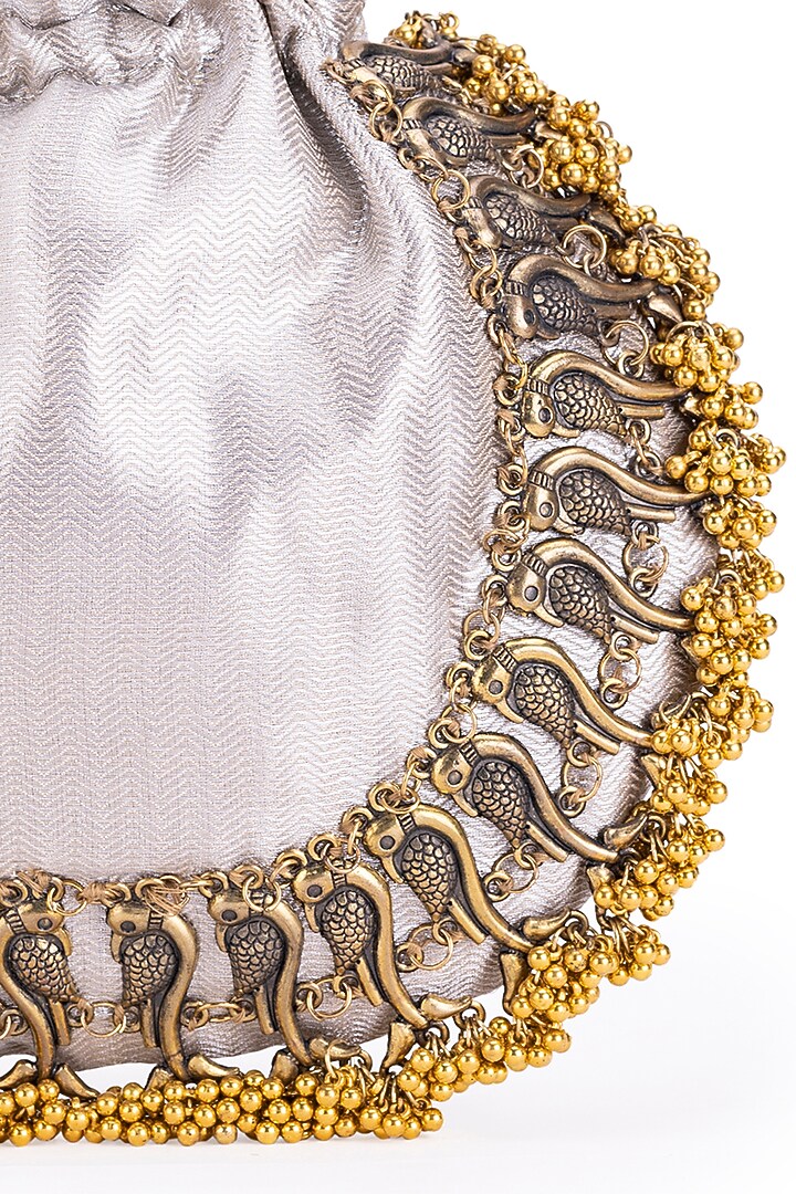 Silver Silk Metallic Moor Embellished Potli by 5 Elements at Pernia's Pop Up Shop