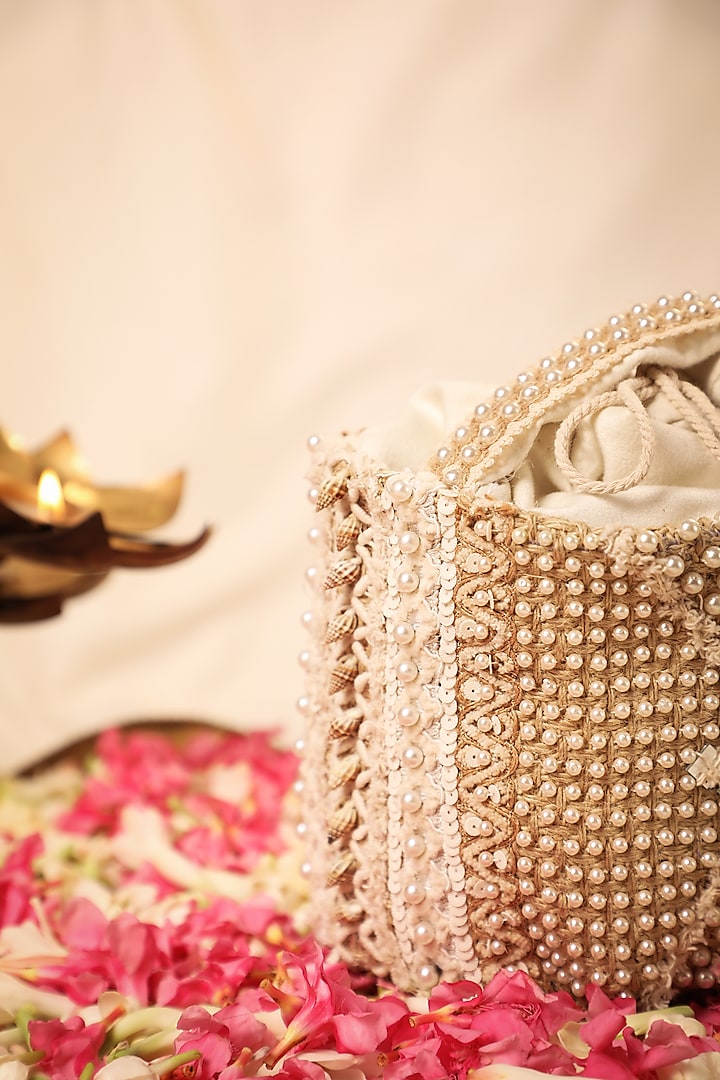 White Silk Stone Embellished Potli by 5 Elements at Pernia's Pop Up Shop