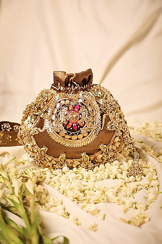 Brown Silk Gota Hand Embroidered Potli by 5 Elements