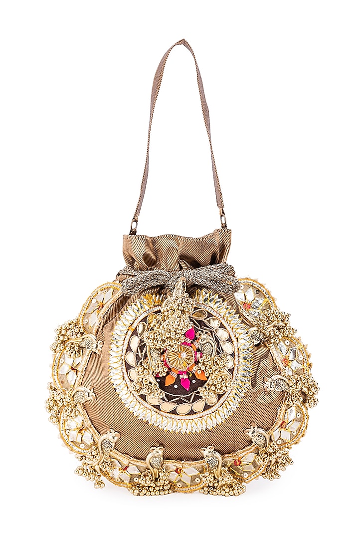 Brown Silk Gota Hand Embroidered Potli by 5 Elements at Pernia's Pop Up Shop