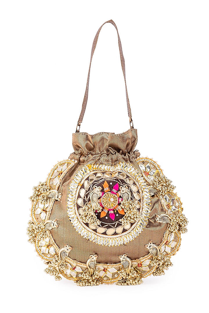 Brown Silk Gota Hand Embroidered Potli by 5 Elements at Pernia's Pop Up Shop