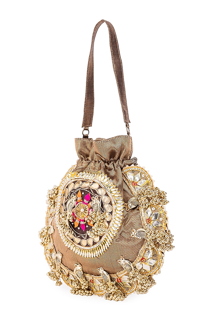 Brown Silk Gota Hand Embroidered Potli by 5 Elements at Pernia's Pop Up Shop