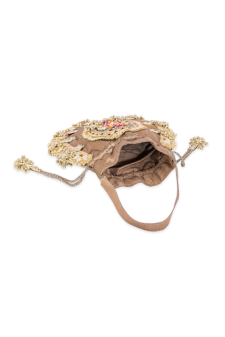 Brown Silk Gota Hand Embroidered Potli by 5 Elements at Pernia's Pop Up Shop
