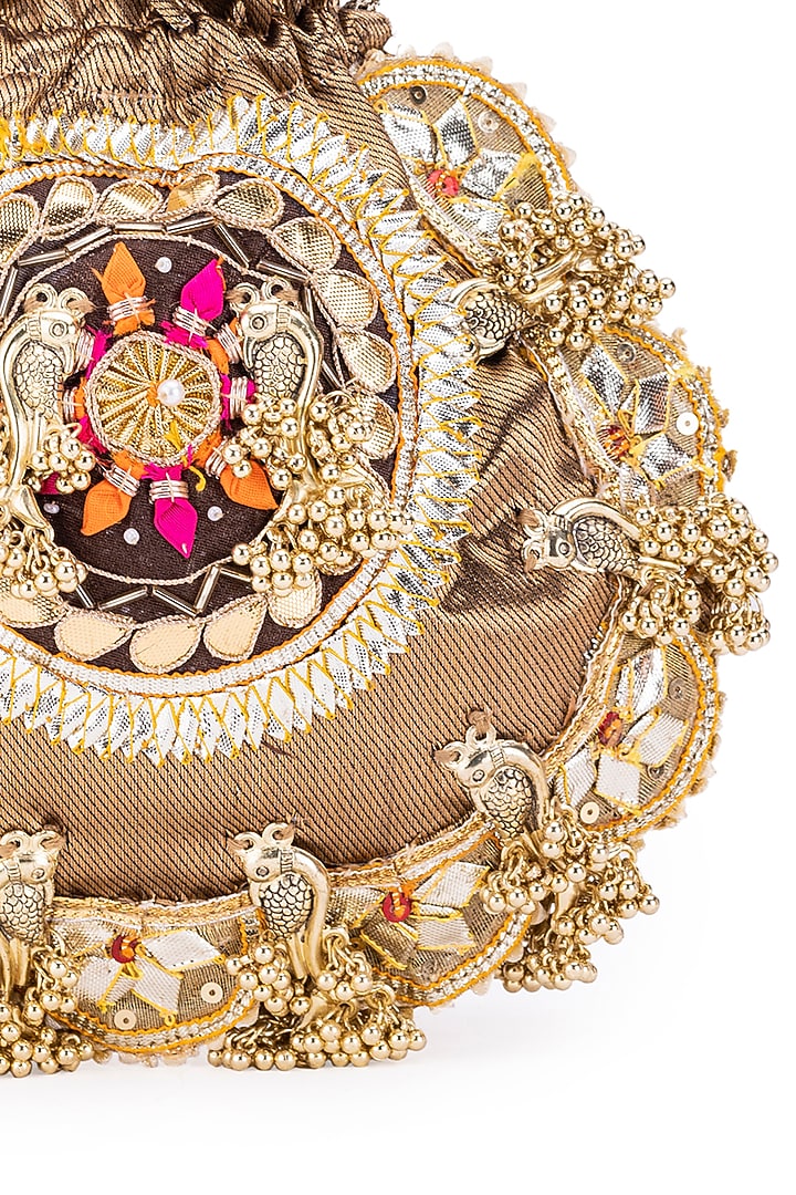 Brown Silk Gota Hand Embroidered Potli by 5 Elements at Pernia's Pop Up Shop