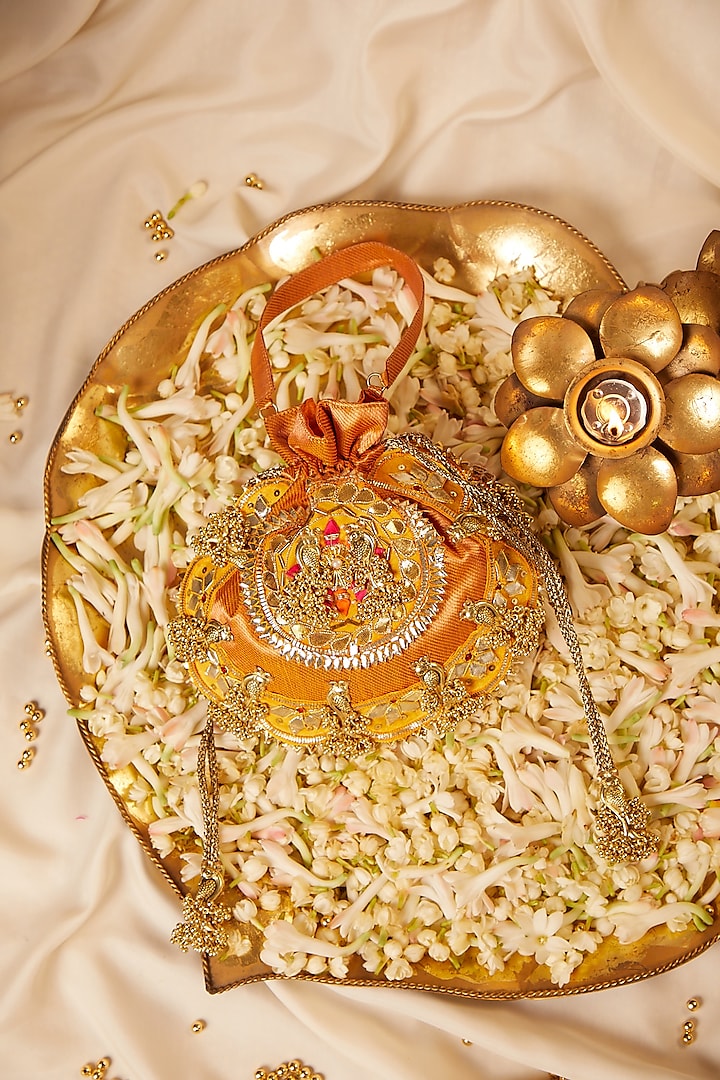 Orange Silk Gota Hand Embroidered Potli by 5 Elements at Pernia's Pop Up Shop