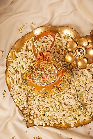 Orange Silk Gota Hand Embroidered Potli by 5 Elements