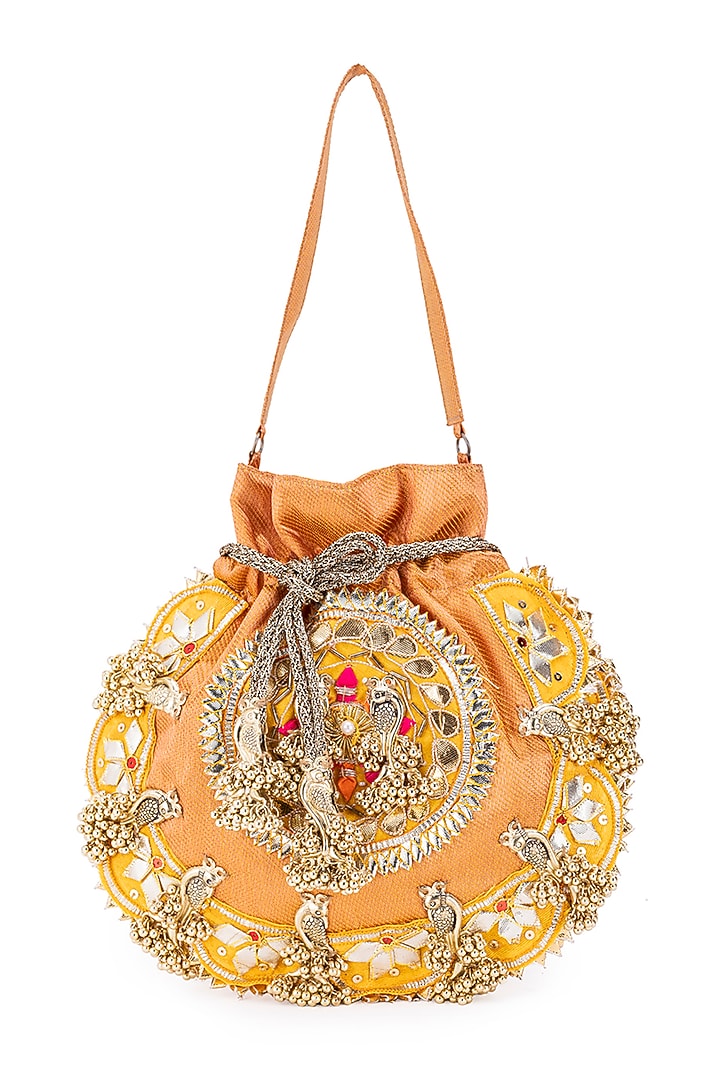 Orange Silk Gota Hand Embroidered Potli by 5 Elements at Pernia's Pop Up Shop