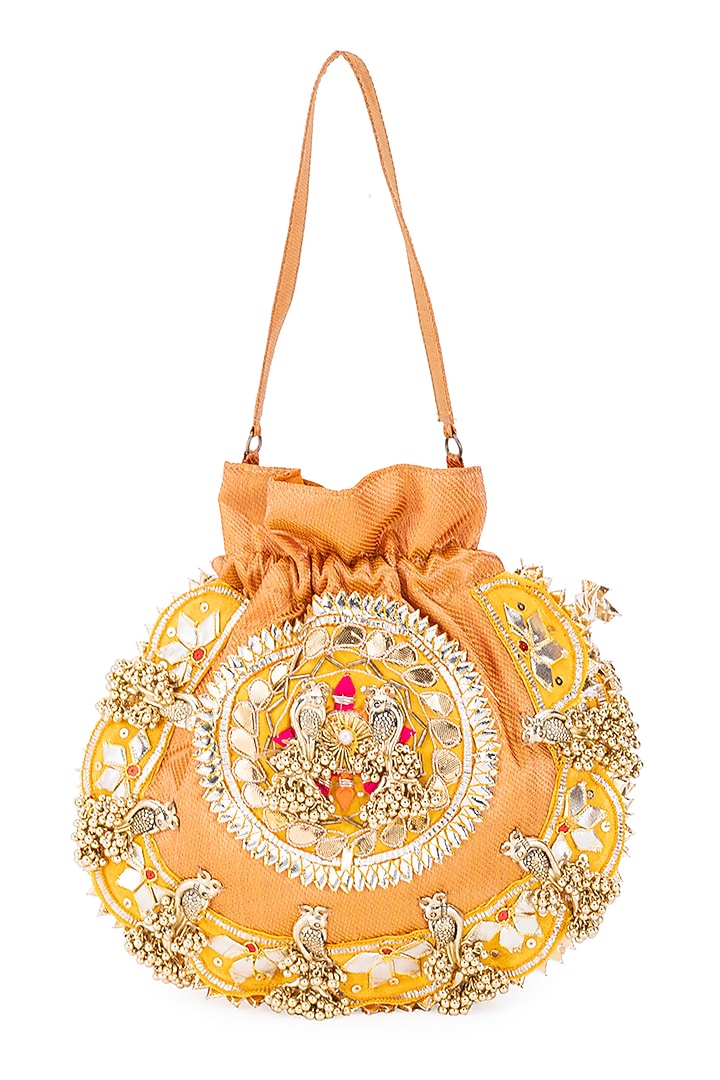 Orange Silk Gota Hand Embroidered Potli by 5 Elements at Pernia's Pop Up Shop