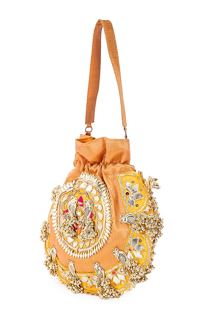 Orange Silk Gota Hand Embroidered Potli by 5 Elements at Pernia's Pop Up Shop