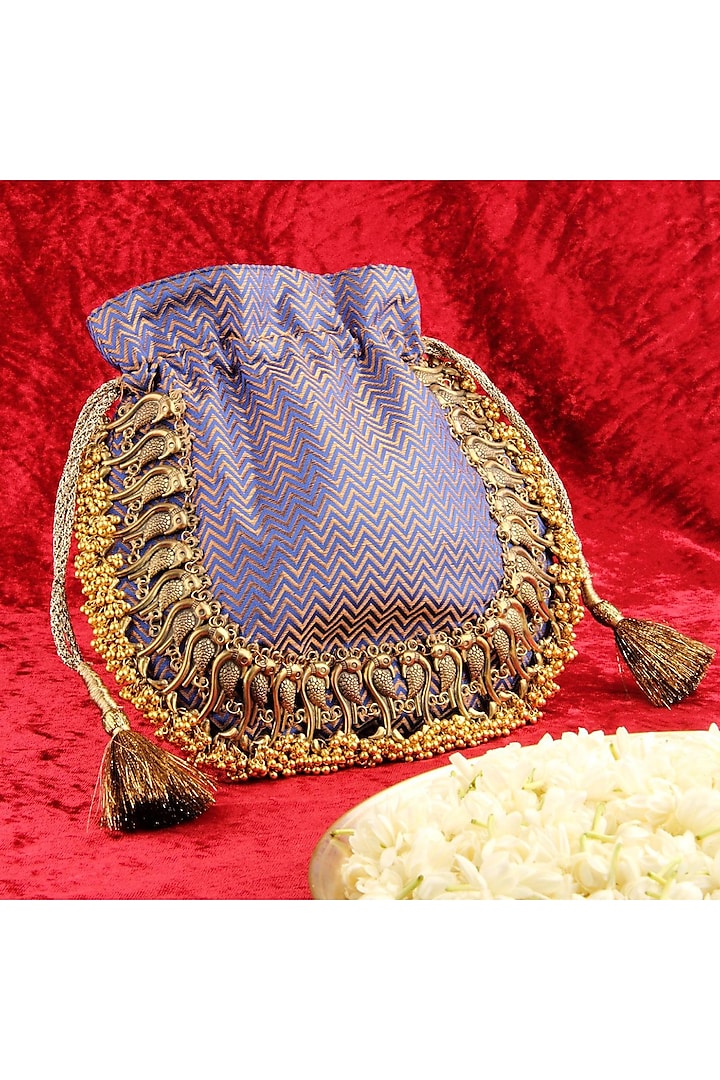 Blue Silk Metallic Moor Embellished Potli by 5 Elements at Pernia's Pop Up Shop