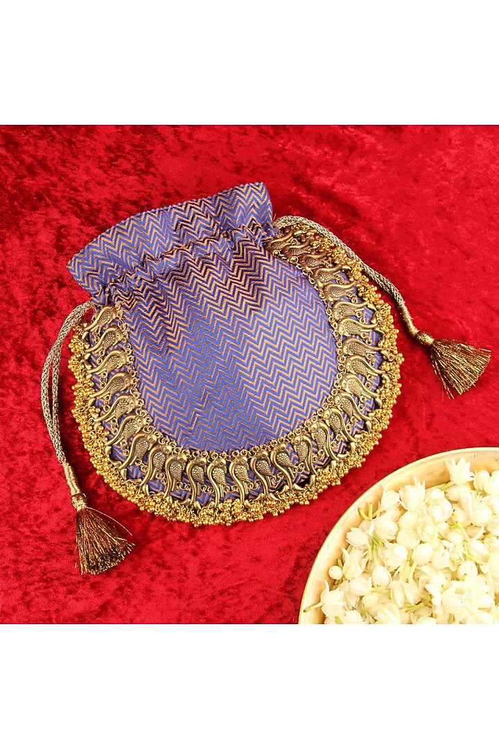 Blue Silk Metallic Moor Embellished Potli by 5 Elements at Pernia's Pop Up Shop