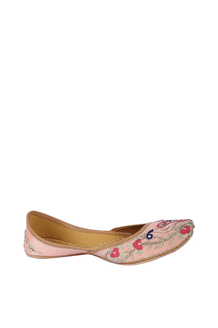 Peach Embroidered Leather Juttis by 5 Elements