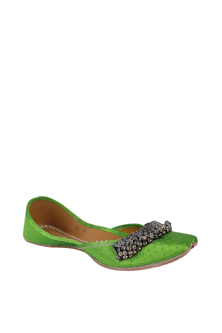 Green Leather Juttis With Ghungroos by 5 Elements