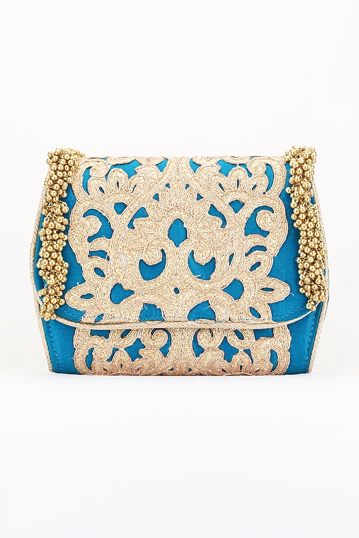 Blue Embellished Handcrafted Clutch by 5 Elements