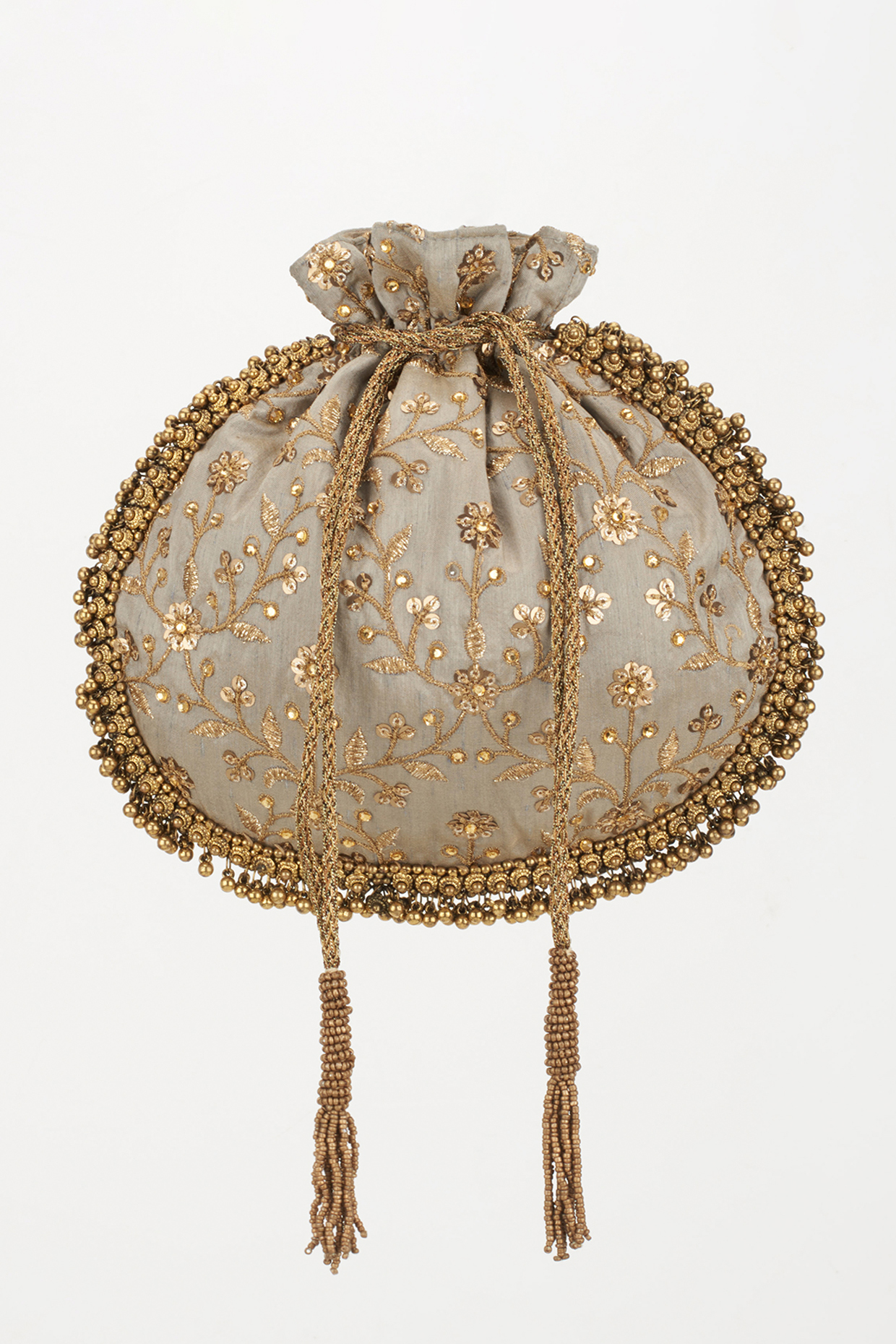Light Grey & Beige Ghungroo Embellished Potli by 5 Elements at Pernia's Pop Up Shop
