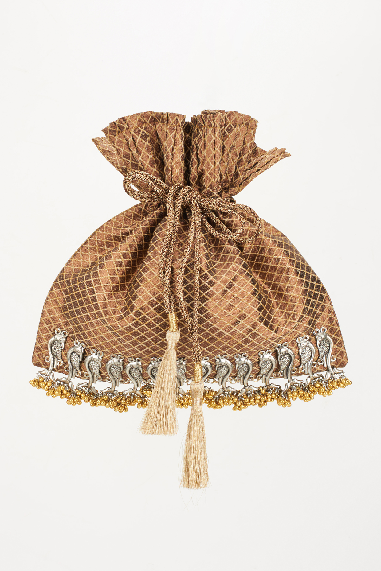 Brown 3D Carved Motifs Embellished Potli by 5 Elements at Pernia's Pop Up Shop
