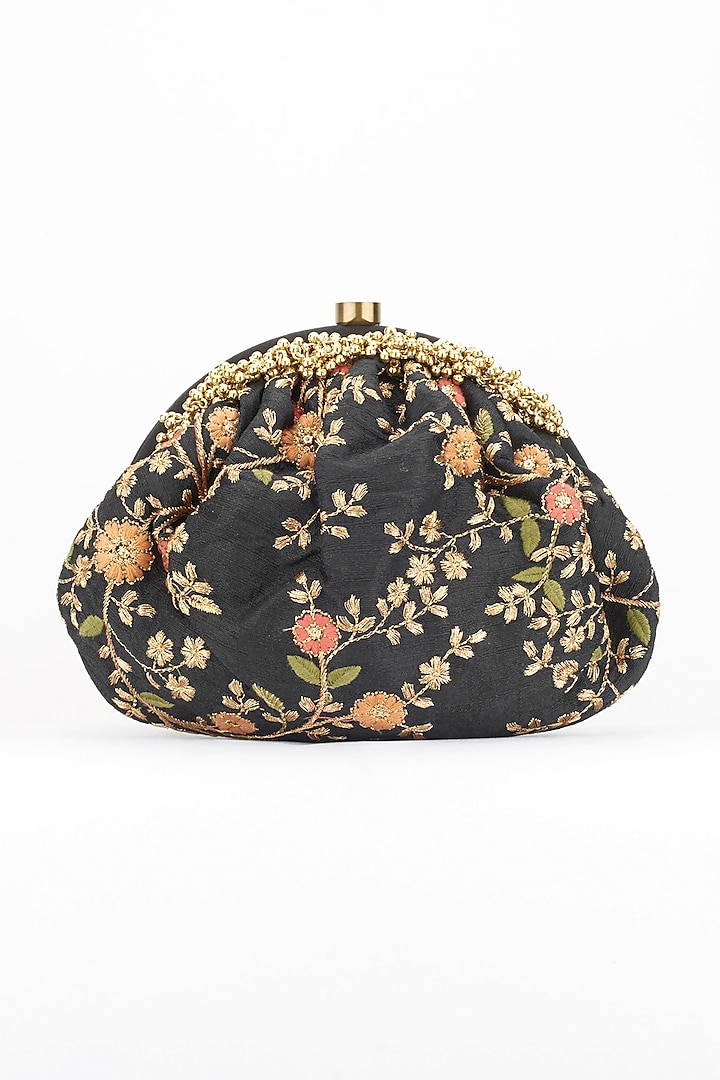 Black Floral Embroidered Clutch by 5 Elements