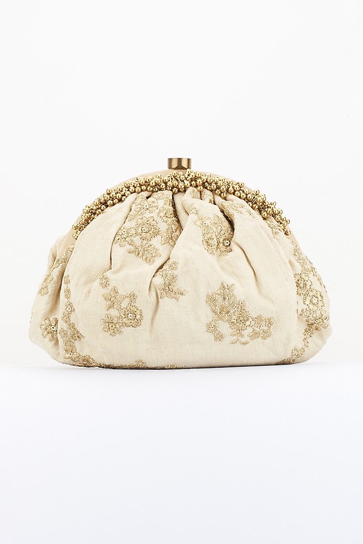 Off White Floral Embroidered Clutch by 5 Elements