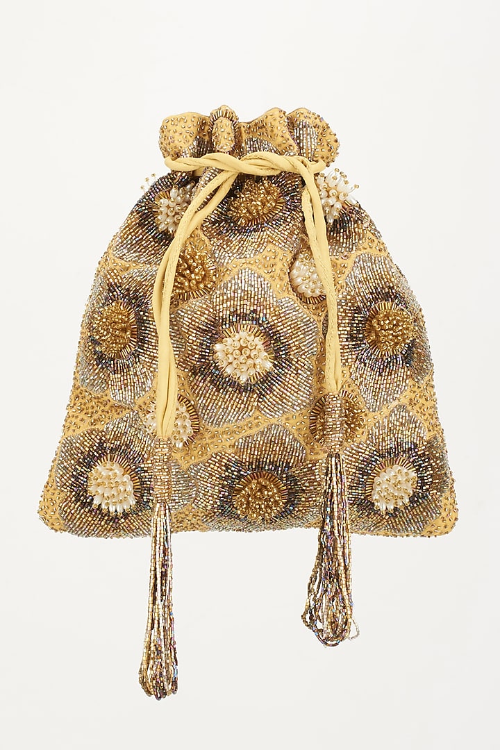 Gold & Brown Floral Embroidered Potli by 5 Elements