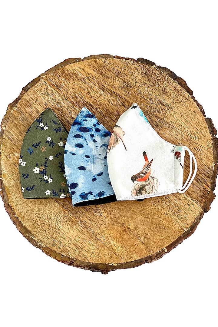 Multi Colored Floral Printed Conical & Layered Masks (Set Of 3) by 5 Elements at Pernia's Pop Up Shop