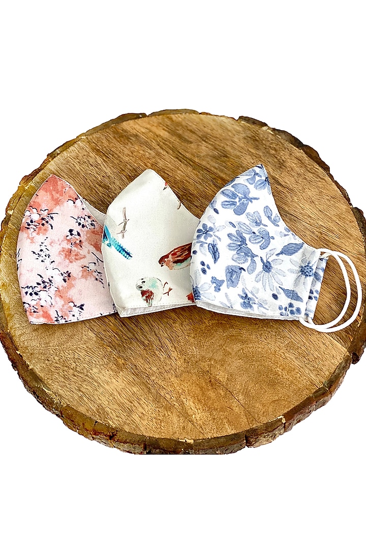 Multi Colored Floral Printed Cotton Layered Masks (Set Of 3) by 5 Elements