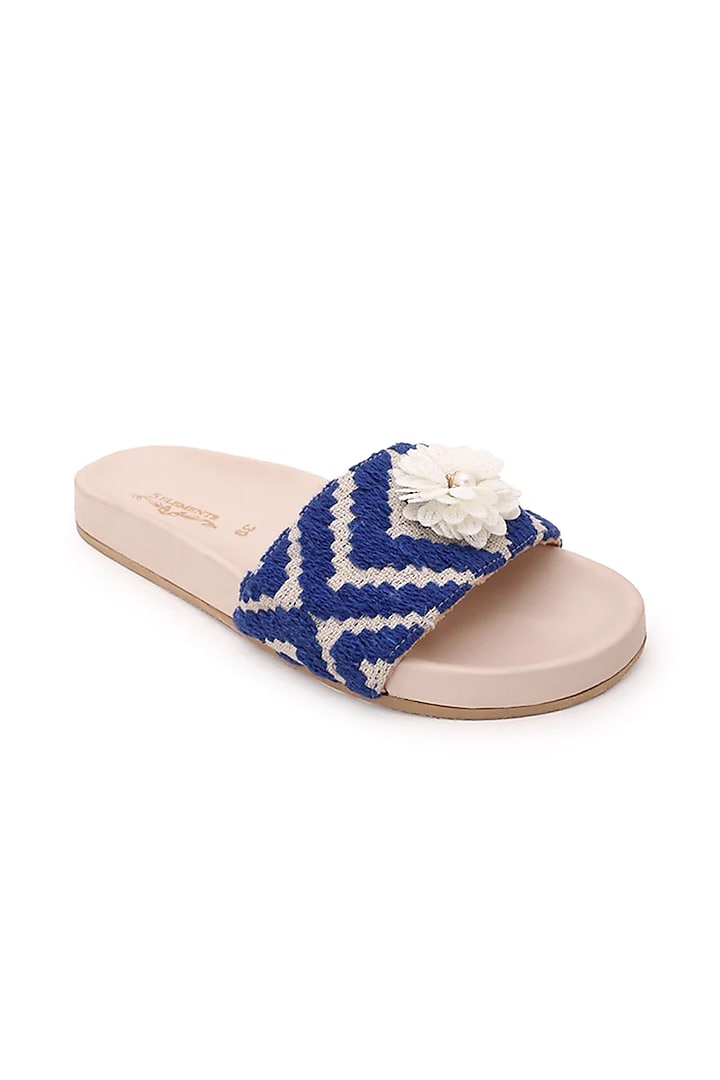 Blue Embroidered Sliders by 5 Elements at Pernia's Pop Up Shop