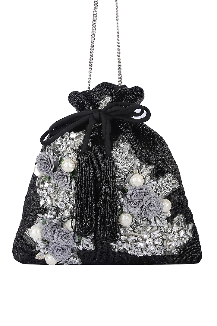 Black Embroidered Handcrafted Potli by 5 Elements at Pernia's Pop Up Shop