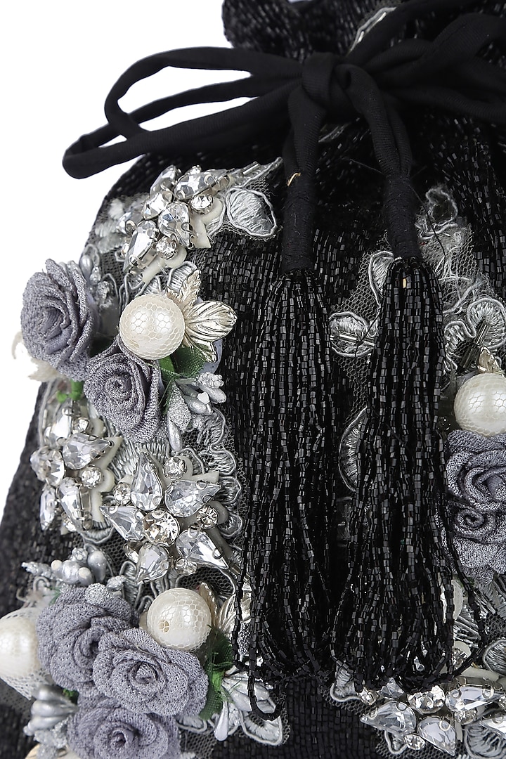 Black Embroidered Handcrafted Potli by 5 Elements at Pernia's Pop Up Shop
