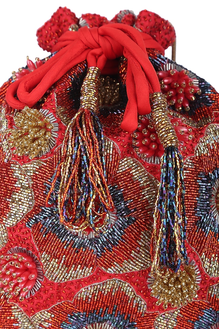 Red Floral Embroidered Potli by 5 Elements at Pernia's Pop Up Shop
