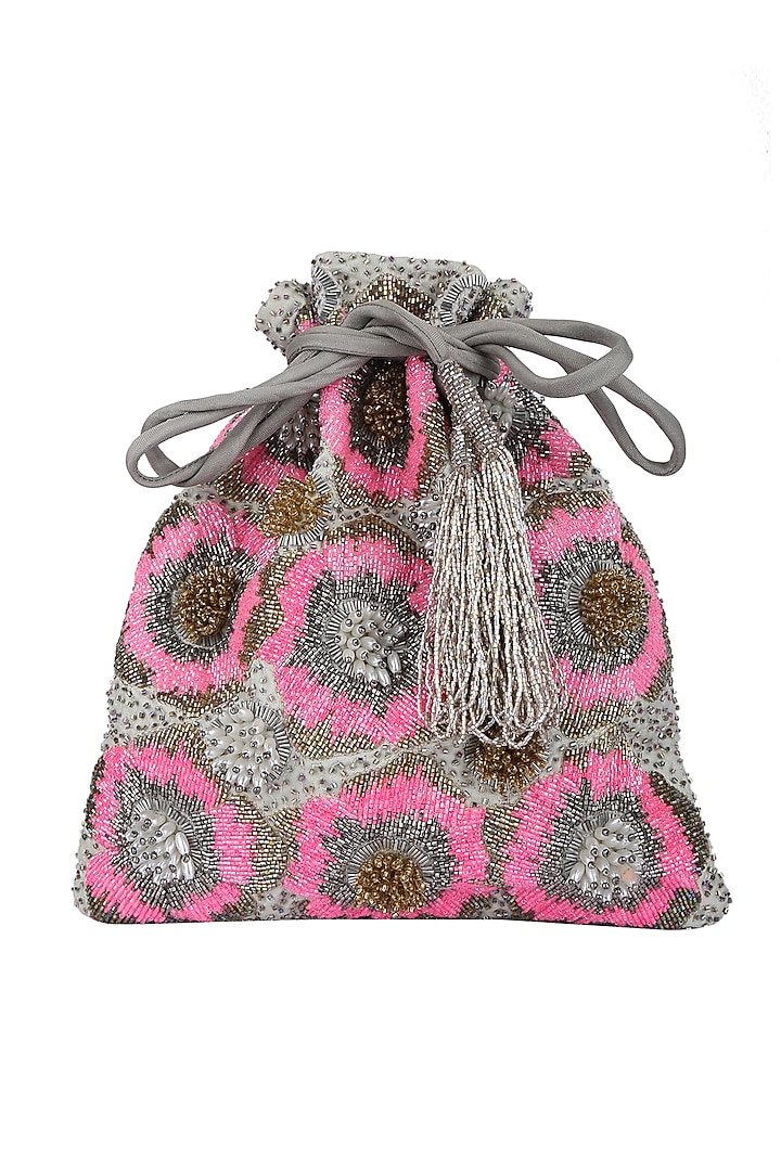 Pink & Grey Embroidered Potli by 5 Elements