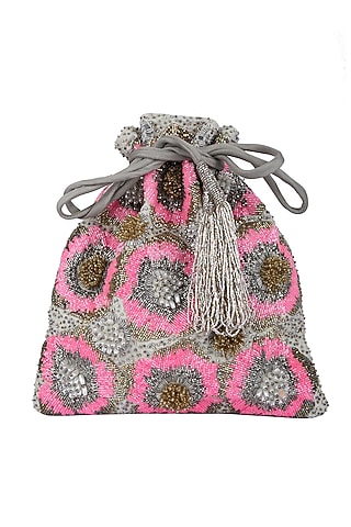 Pink & Grey Embroidered Potli by 5 Elements
