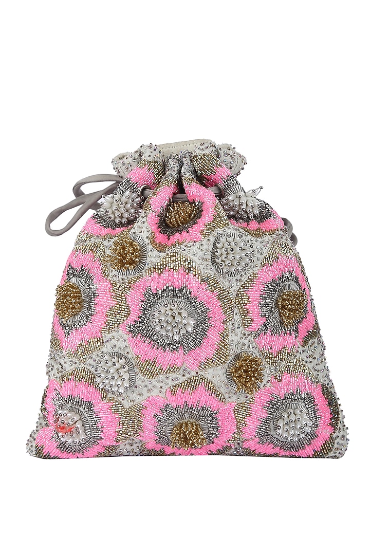 Pink & Grey Embroidered Potli by 5 Elements at Pernia's Pop Up Shop
