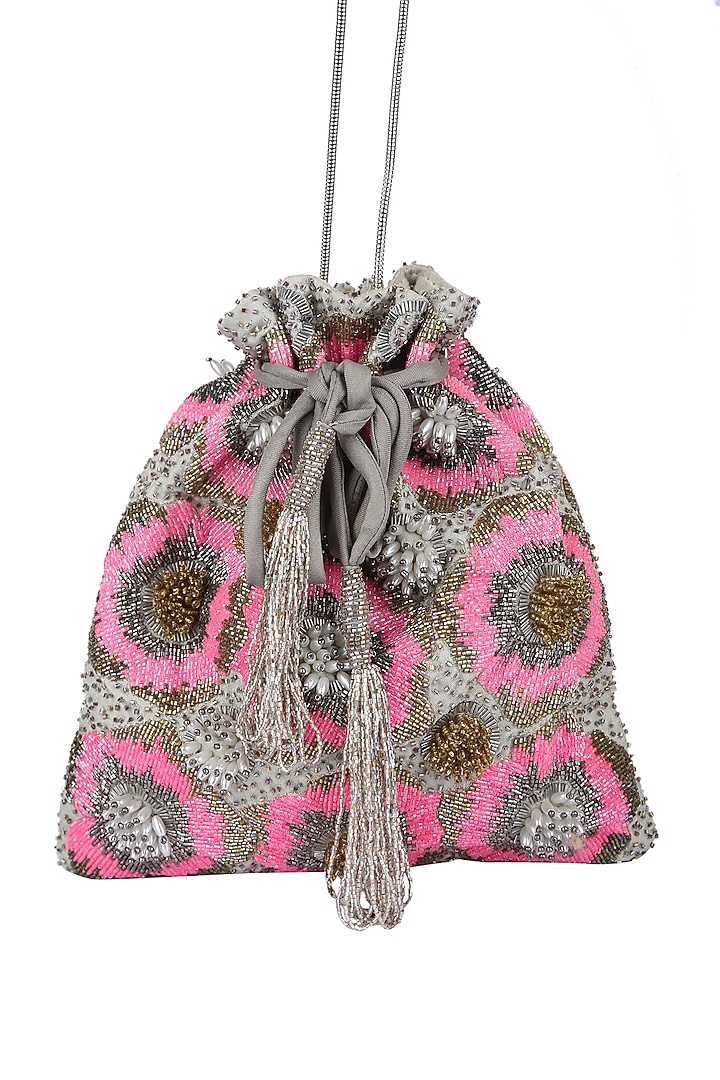 Pink & Grey Embroidered Potli by 5 Elements at Pernia's Pop Up Shop