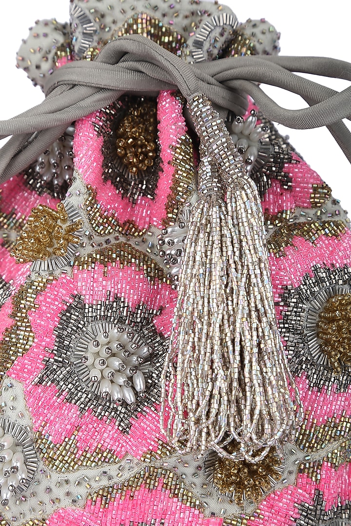 Pink & Grey Embroidered Potli by 5 Elements at Pernia's Pop Up Shop