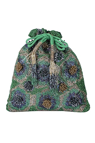 Green Floral Embroidered Potli by 5 Elements
