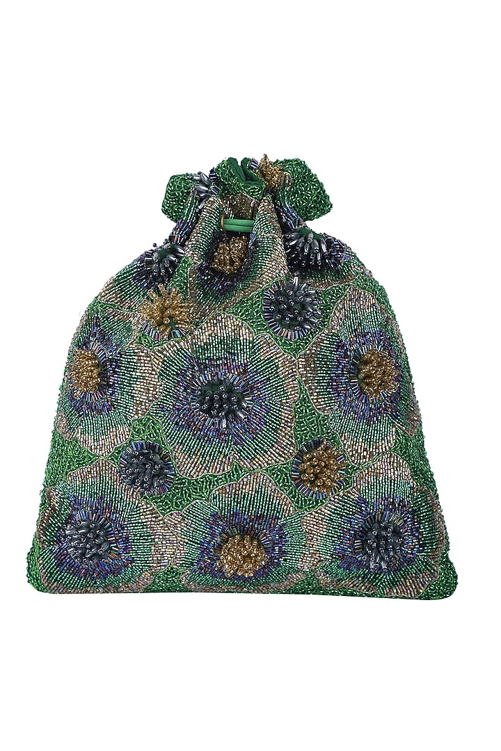 Green Floral Embroidered Potli by 5 Elements at Pernia's Pop Up Shop