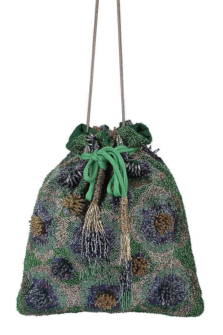 Green Floral Embroidered Potli by 5 Elements at Pernia's Pop Up Shop