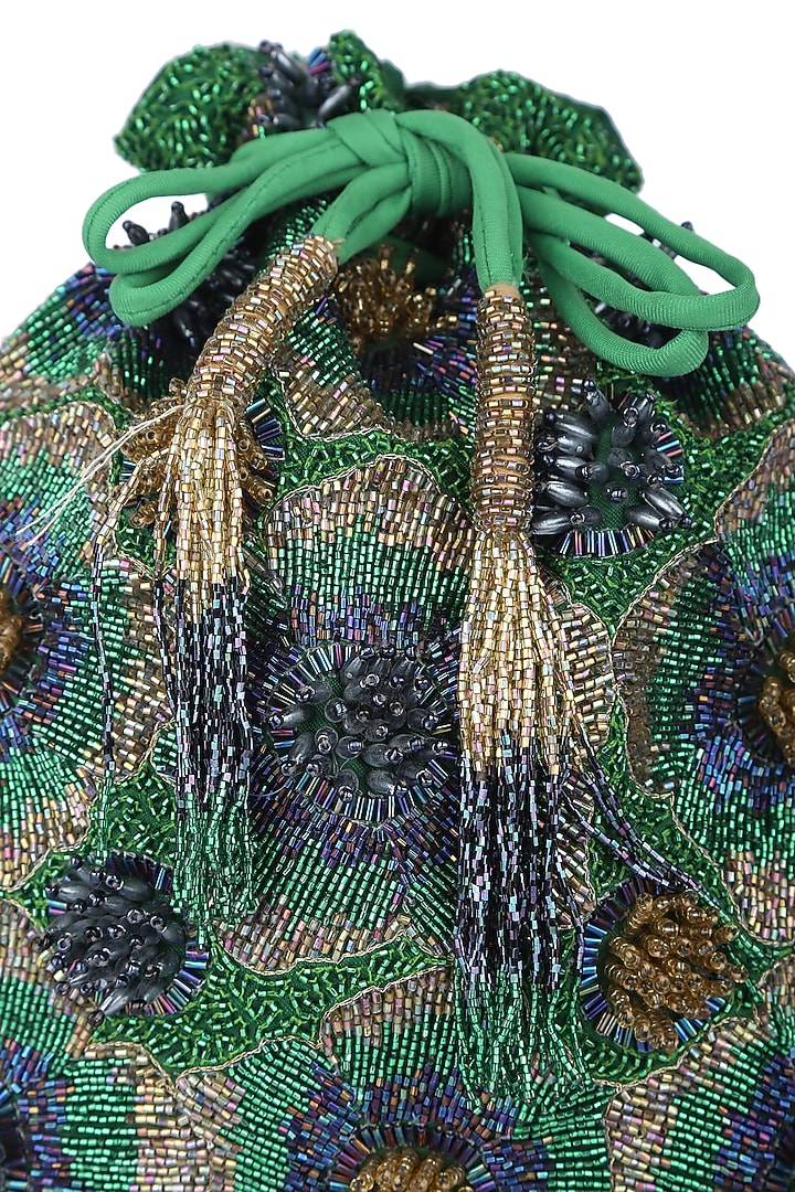 Green Floral Embroidered Potli by 5 Elements at Pernia's Pop Up Shop
