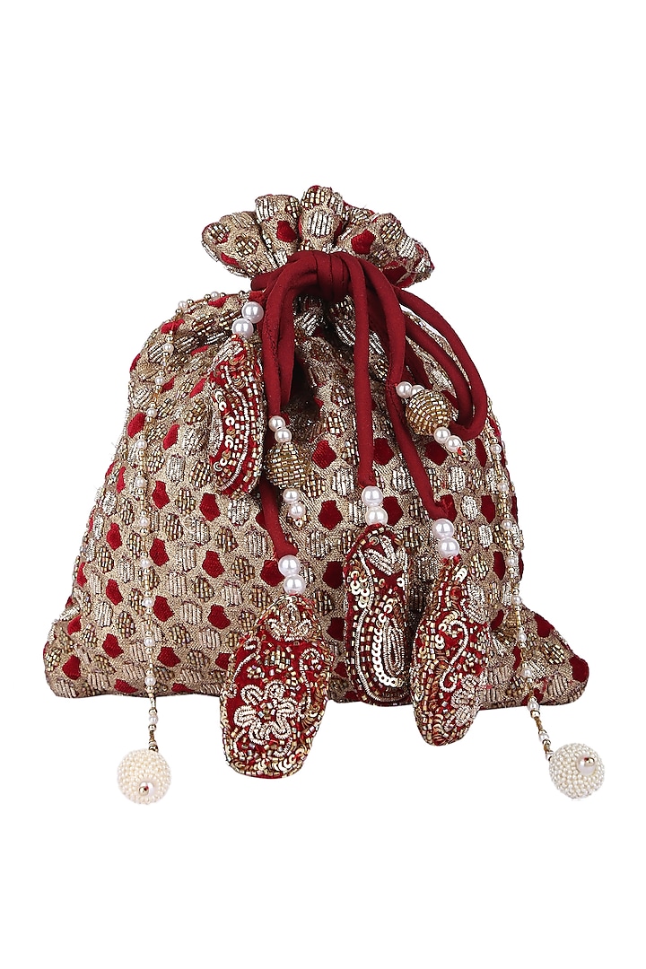 Gold & Red Embroidered Potli by 5 Elements