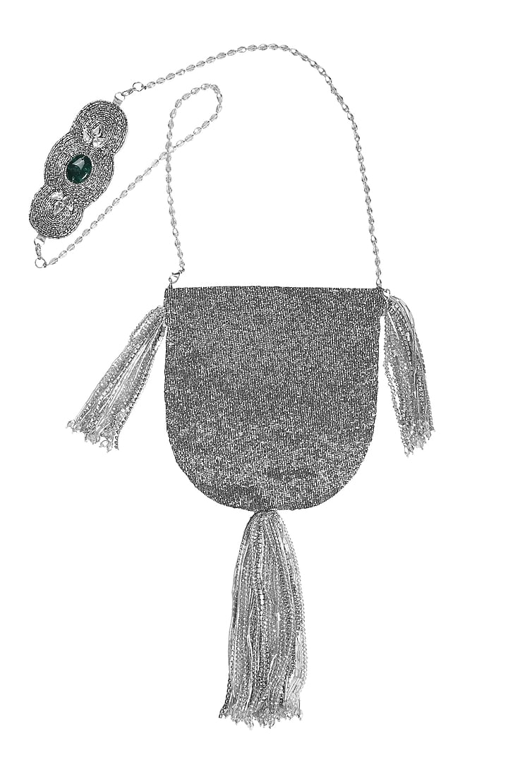 Silver Embellished Handcrafted Potli by 5 Elements at Pernia's Pop Up Shop
