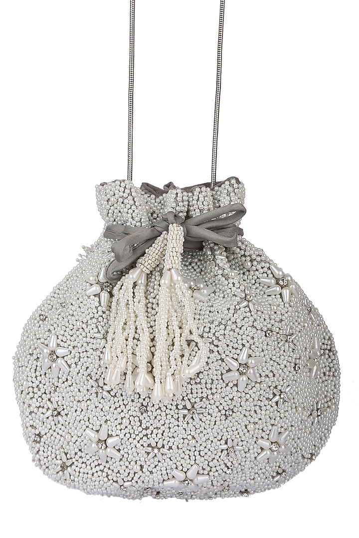 White Handcrafted Embellished Potli by 5 Elements at Pernia's Pop Up Shop