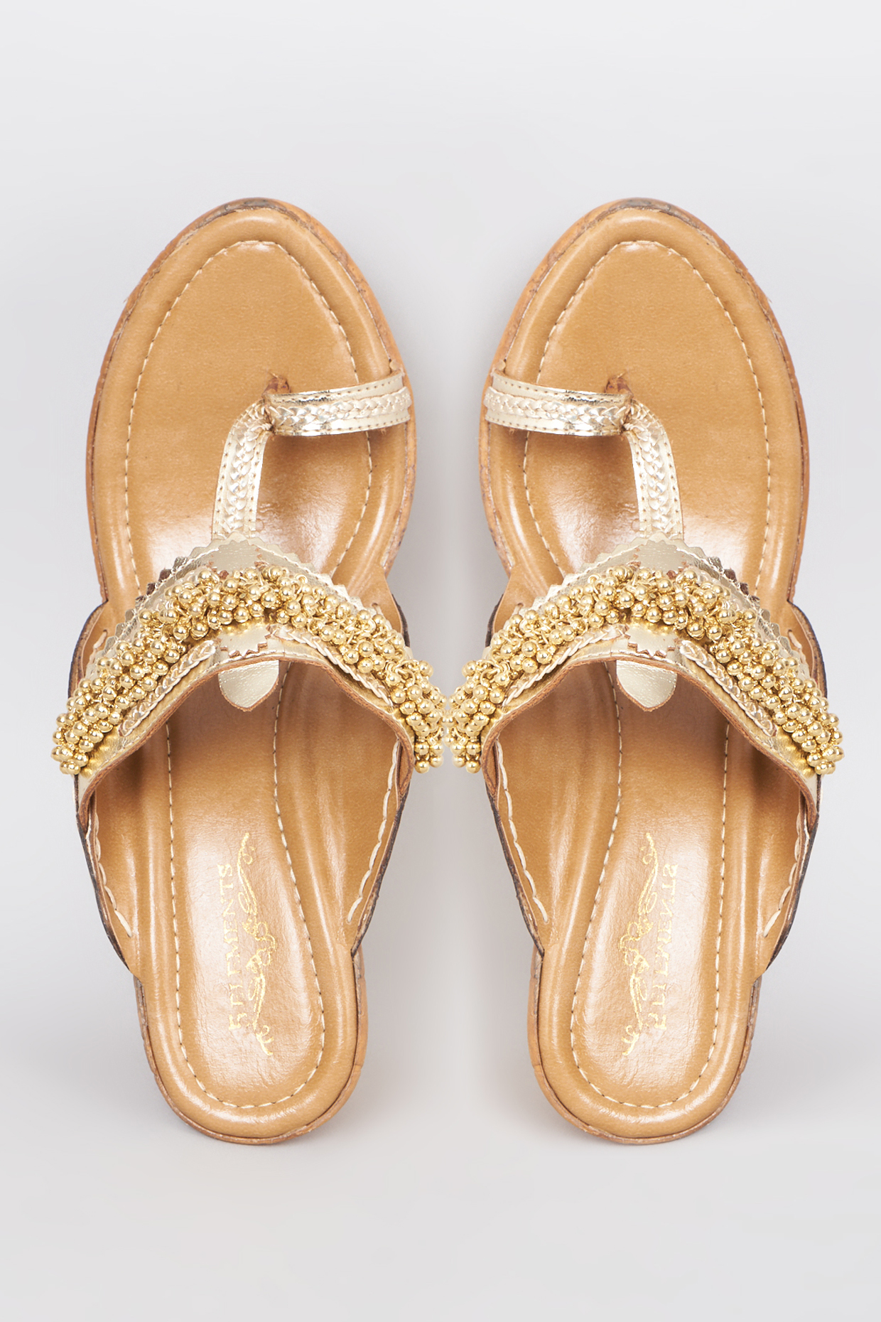 Gold Handcrafted Wedges With Embellishments by 5 Elements at Pernia's Pop Up Shop