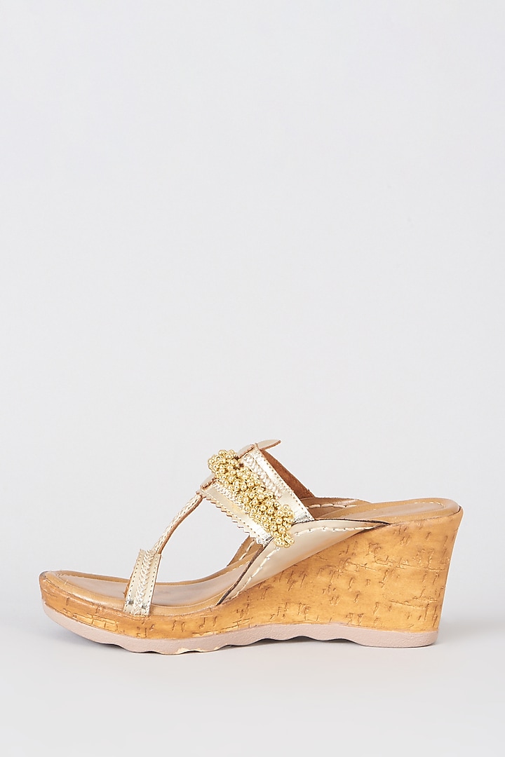 Gold Handcrafted Wedges With Embellishments by 5 Elements at Pernia's Pop Up Shop