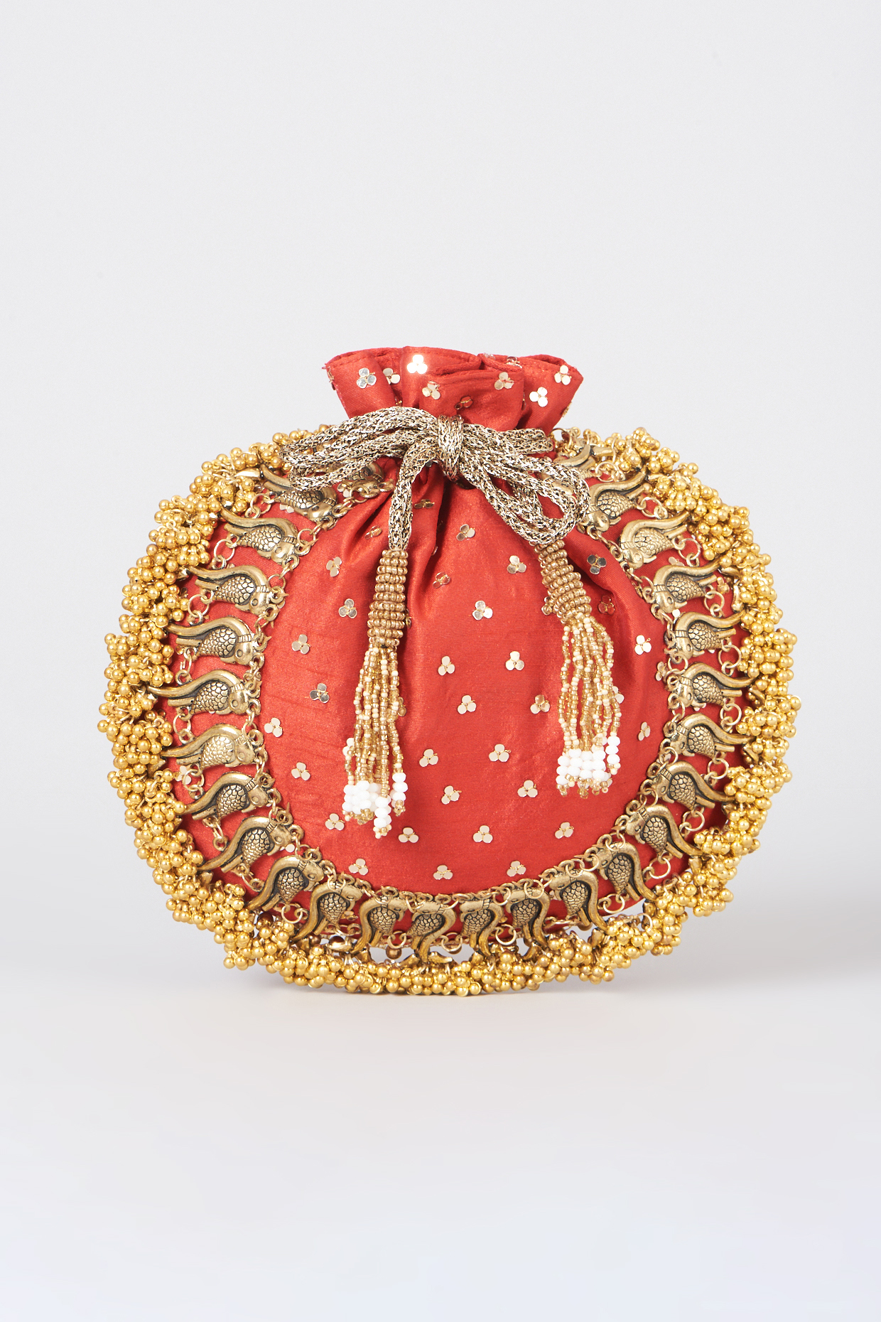 Red Ghungroo Embellished Potli by 5 Elements at Pernia's Pop Up Shop