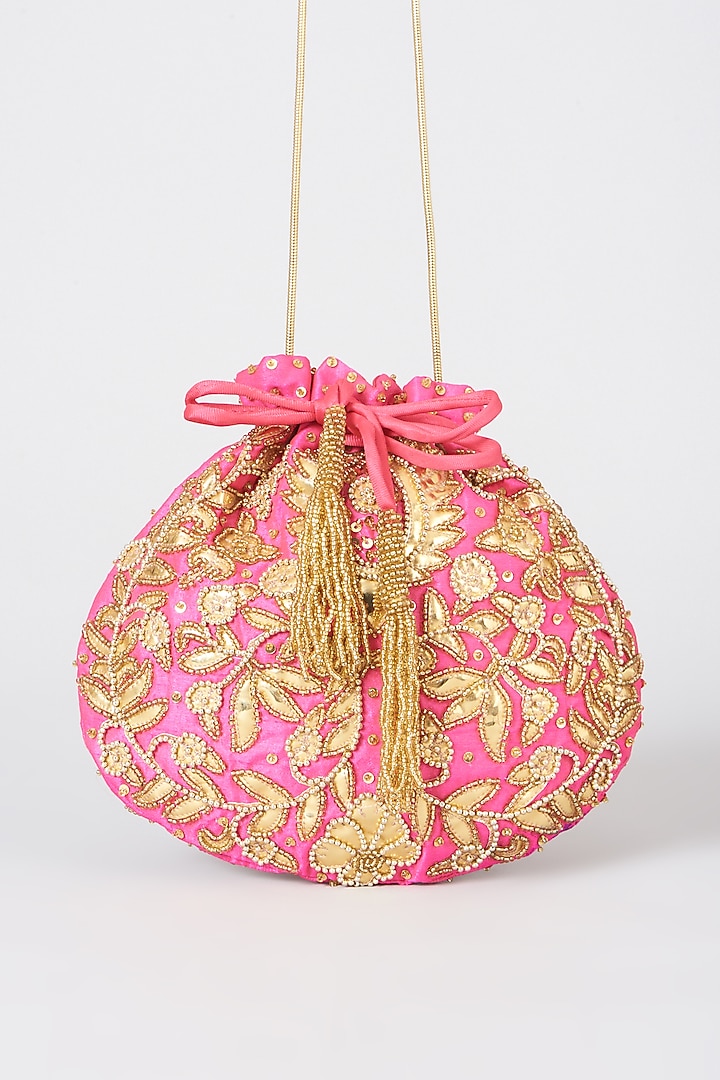 Pink Floral Motifs Embellished Potli by 5 Elements at Pernia's Pop Up Shop