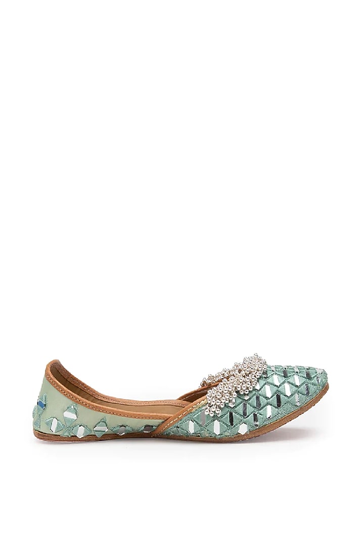 Mint Mirror Embellished Juttis by 5 Elements at Pernia's Pop Up Shop