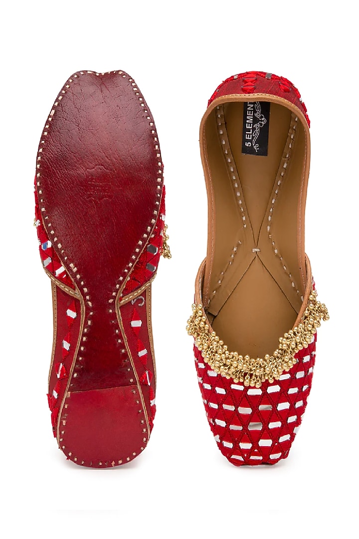 Red Embroidered Juttis by 5 Elements at Pernia's Pop Up Shop