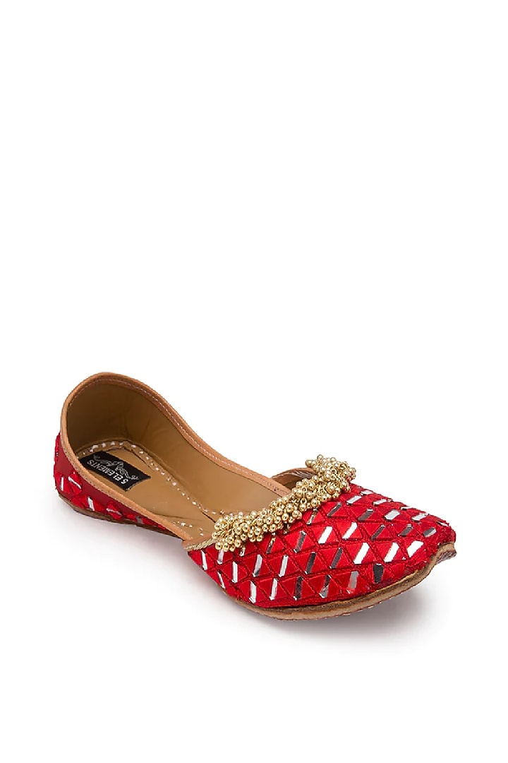Red Embroidered Juttis by 5 Elements at Pernia's Pop Up Shop